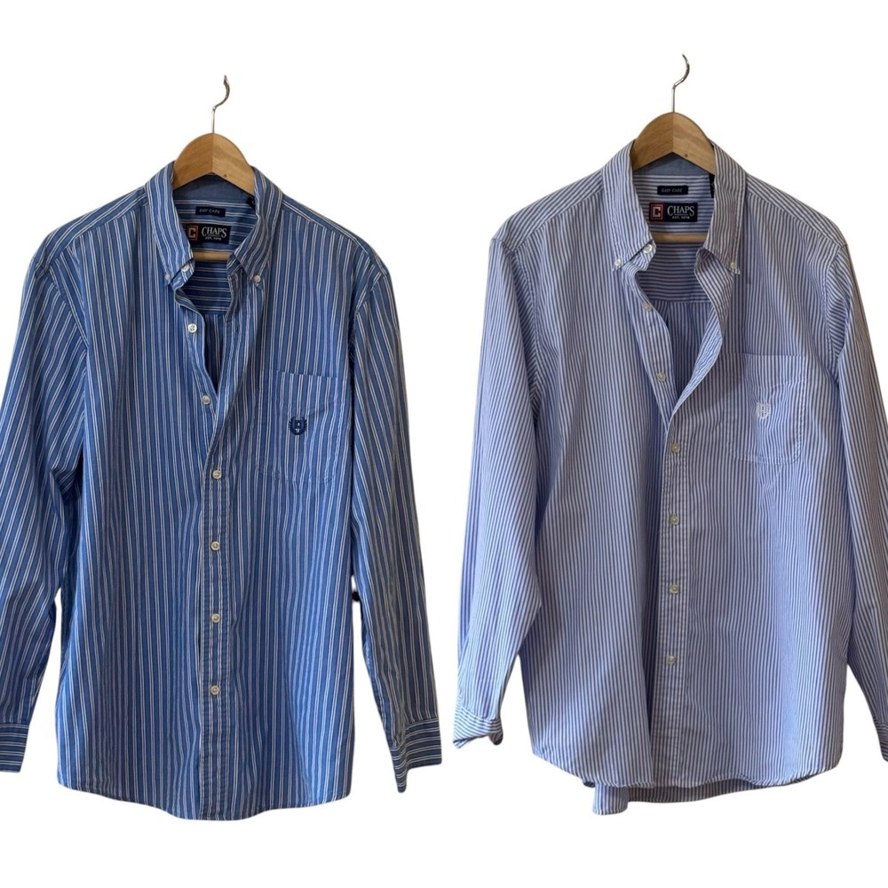 Bundle 2 Chaps Mens Blue White Striped Easy Care Button Down Shirts Large L/G